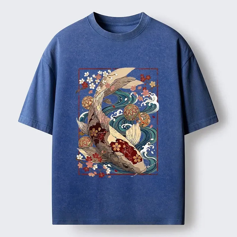 Kyoto-Lion Floral Koi Wave Vintage Tee Washed T-Shirt