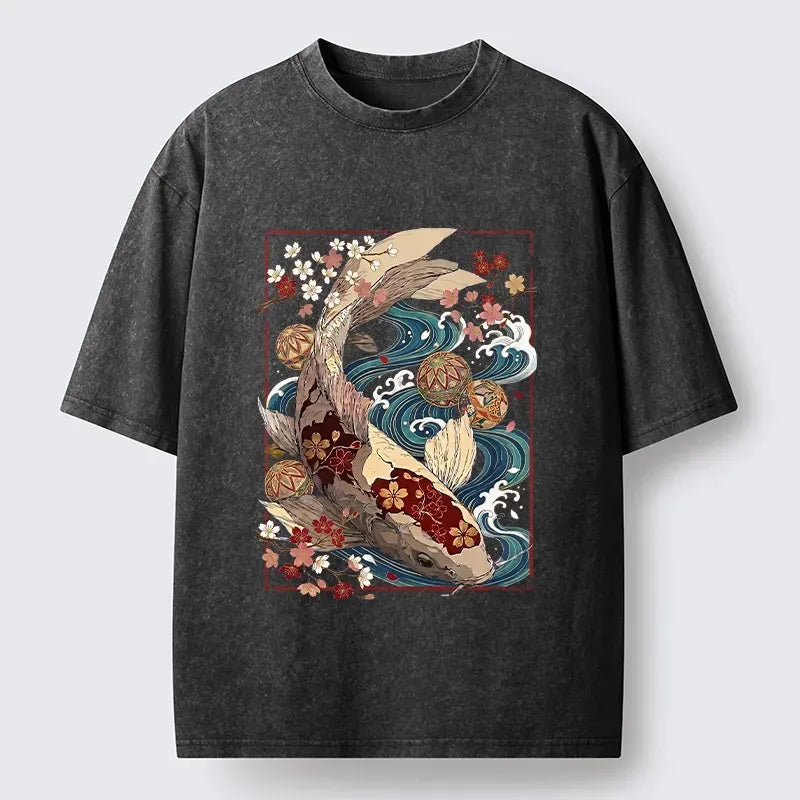 Kyoto-Lion Floral Koi Wave Vintage Tee Washed T-Shirt