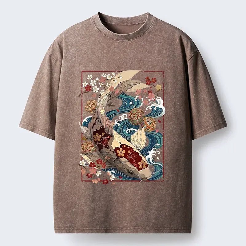 Kyoto-Lion Floral Koi Wave Vintage Tee Washed T-Shirt