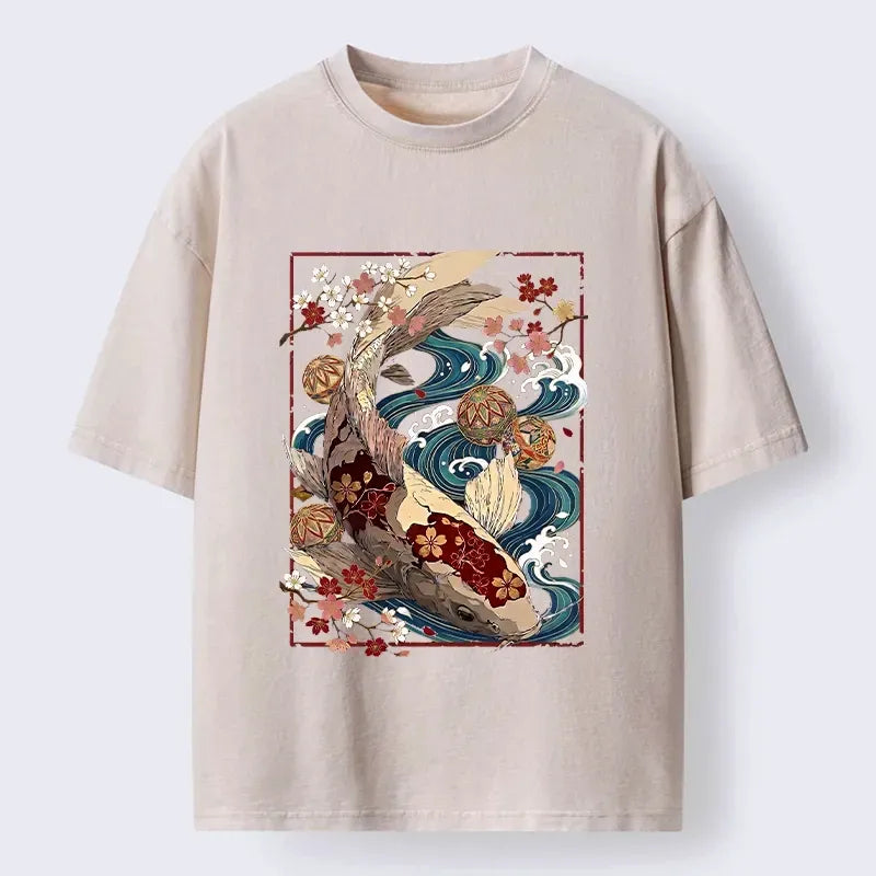 Kyoto-Lion Floral Koi Wave Vintage Tee Washed T-Shirt