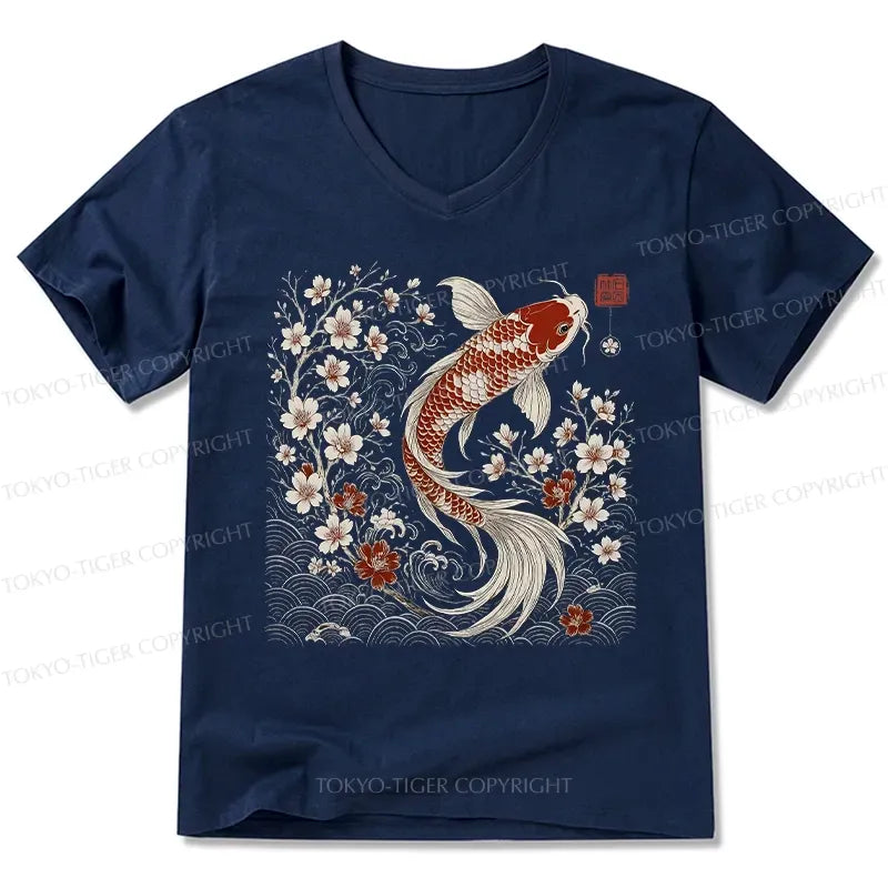 Vintage Sakura Koi V-Neck T-Shirt for Gift Idea
