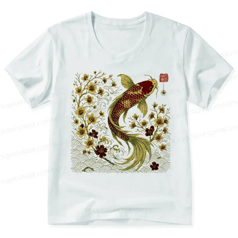 Kyoto-Lion Vintage Sakura And Koi V-Neck Classic T-Shirt