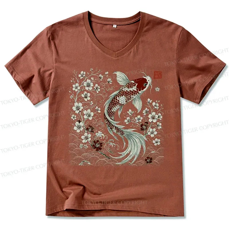 Kyoto-Lion Vintage Sakura And Koi V-Neck Classic T-Shirt