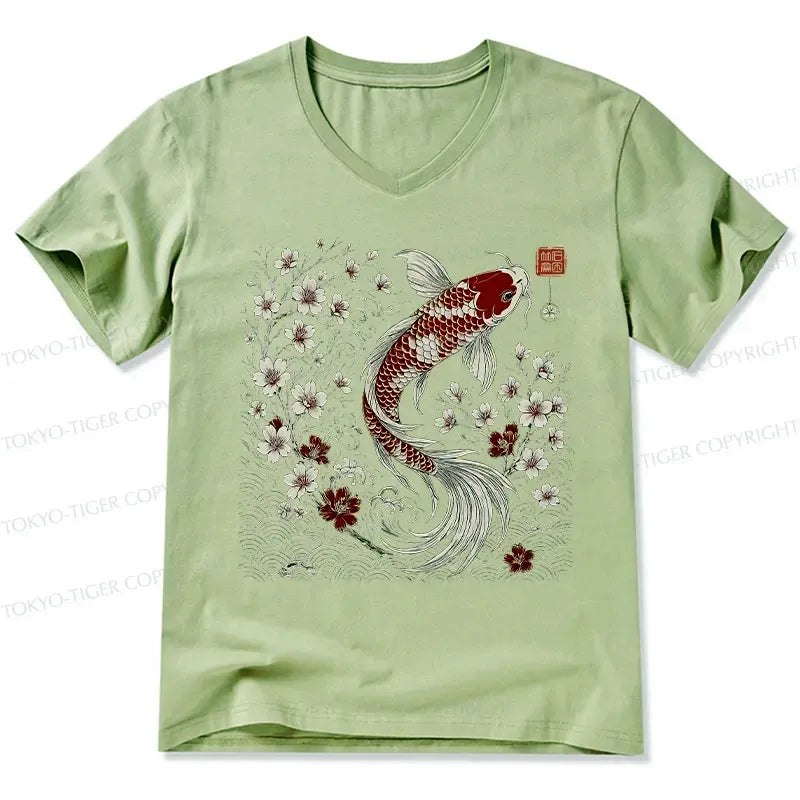 Vintage Sakura Koi V-Neck T-Shirt for Gift Idea