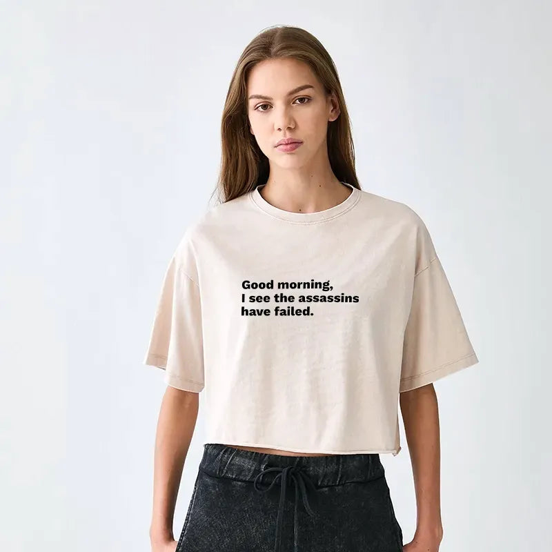 Kyoto-Lion Assassins Failed Morning Quote Art Women's Washed Crop T-Shirt