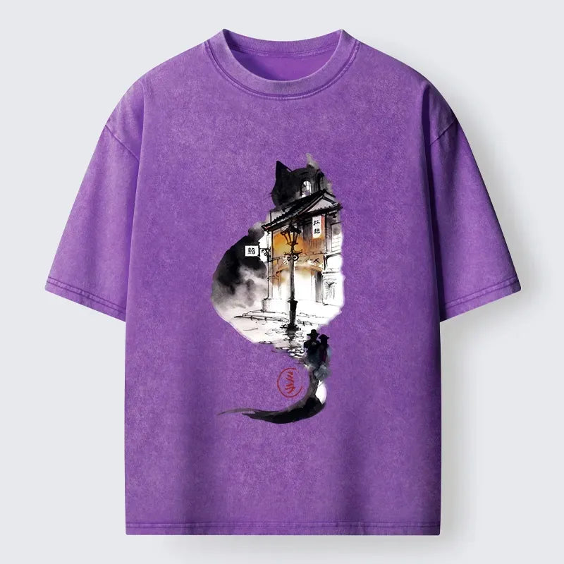 Kyoto-Lion Black Cat Night Street Silhouette Washed T-Shirt