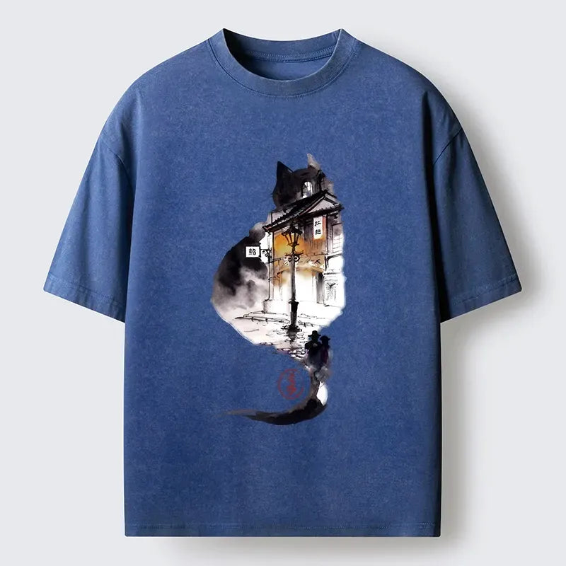 Japanese Black Cat Washed T-Shirt
