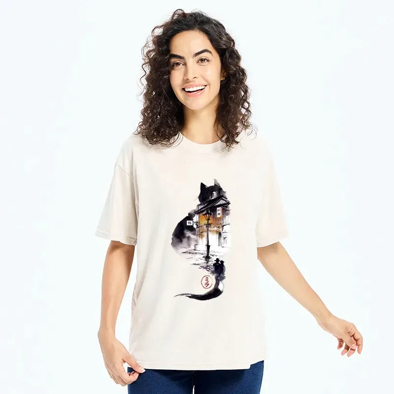 Japanese Black Cat Washed T-Shirt