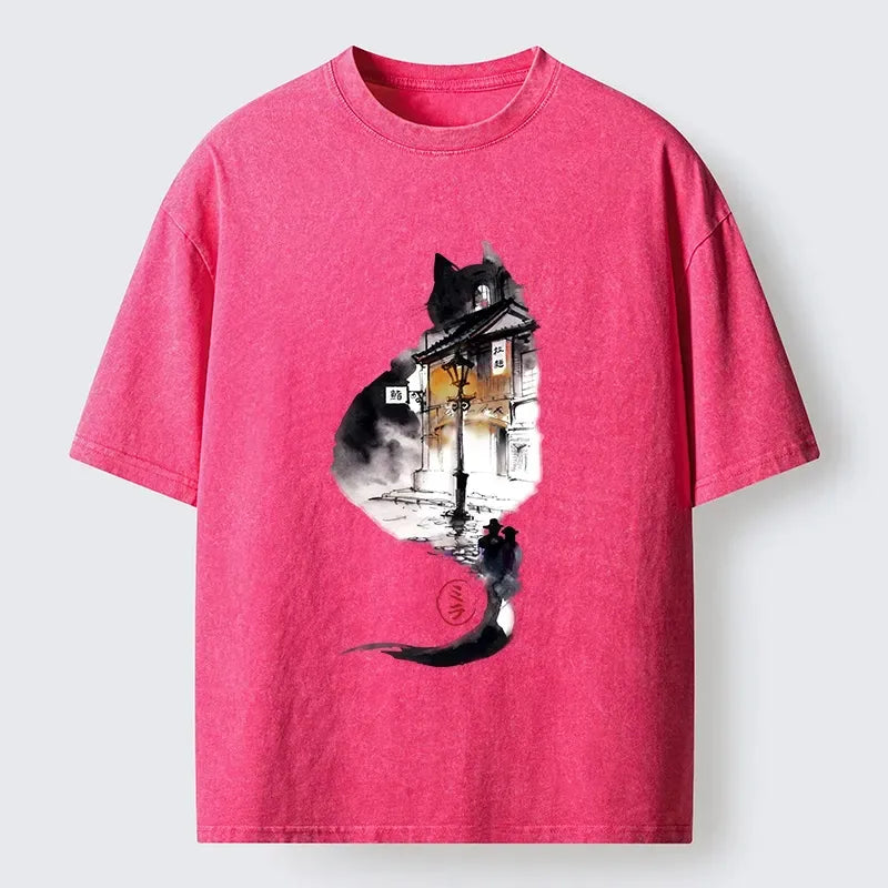 Kyoto-Lion Black Cat Night Street Silhouette Washed T-Shirt