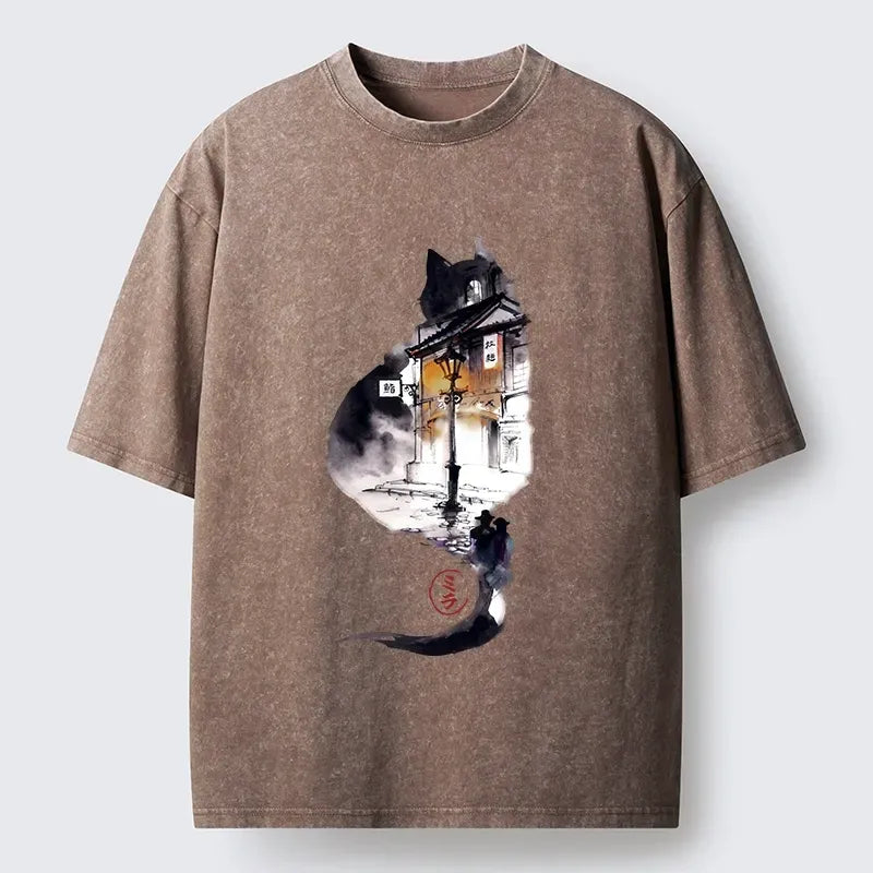 Japanese Black Cat Washed T-Shirt
