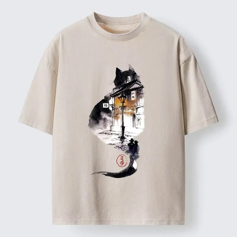 Japanese Black Cat Washed T-Shirt
