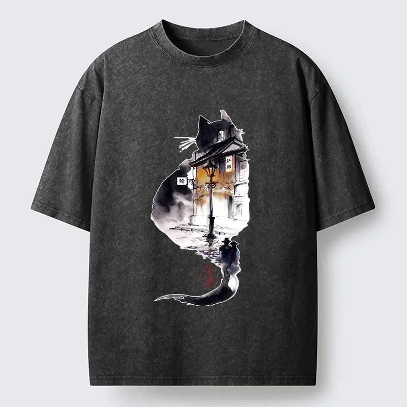 Kyoto-Lion Black Cat Night Street Silhouette Washed T-Shirt