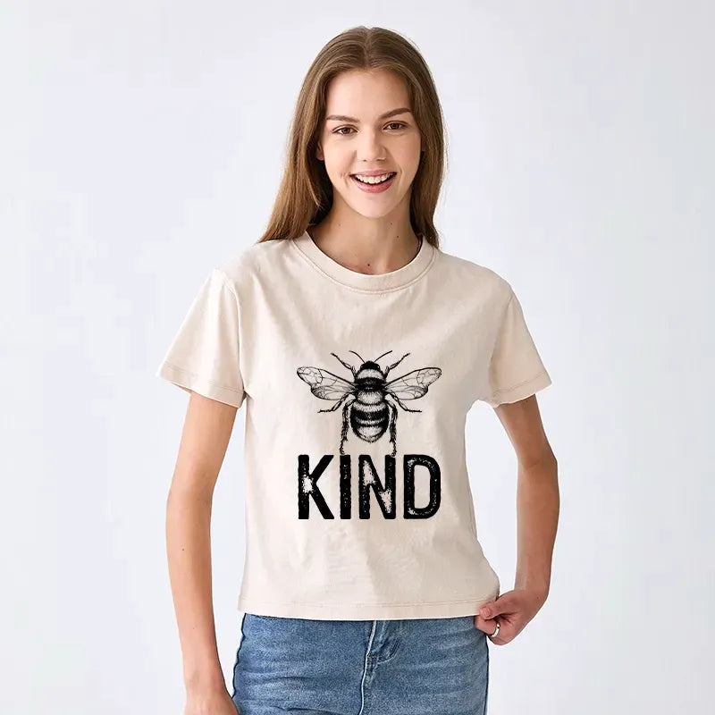 Kyoto-Lion Minimalist Bee Kind Illustration Women's Washed T-shirt