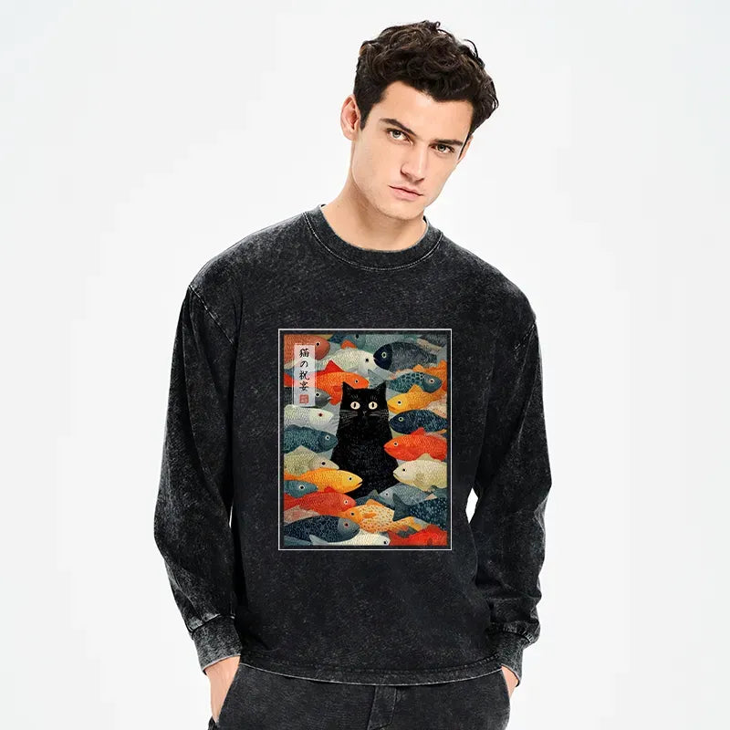 Washed Ukiyo-e Cat T-Shirt for Casual