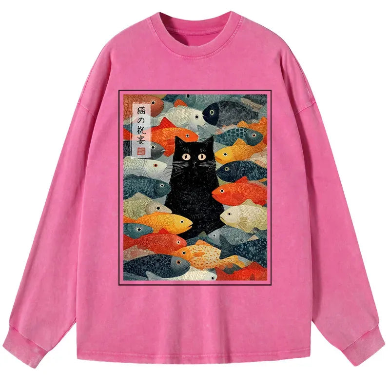 Washed Ukiyo-e Cat T-Shirt for Casual