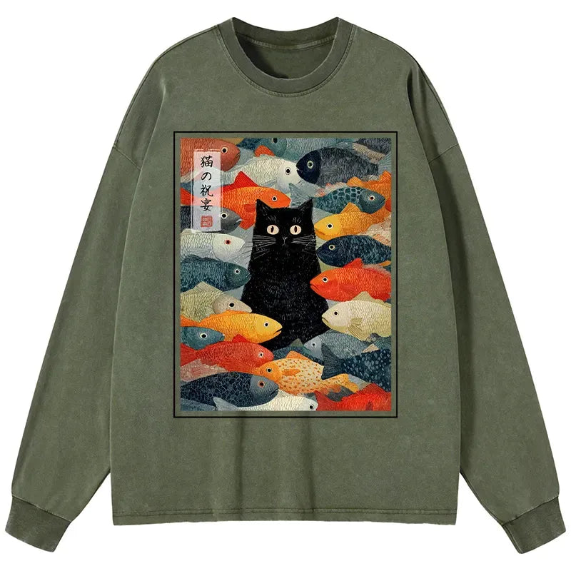 Washed Ukiyo-e Cat T-Shirt for Casual