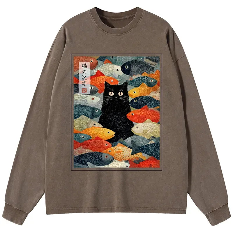 Washed Ukiyo-e Cat T-Shirt for Casual