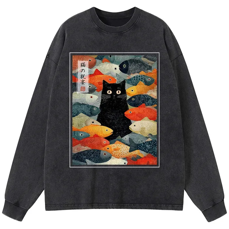Washed Ukiyo-e Cat T-Shirt for Casual