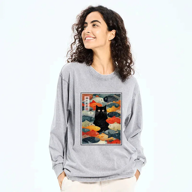 Kyoto-Lion The Cat's Feast of Fish Washed Long Sleeve T-Shirt