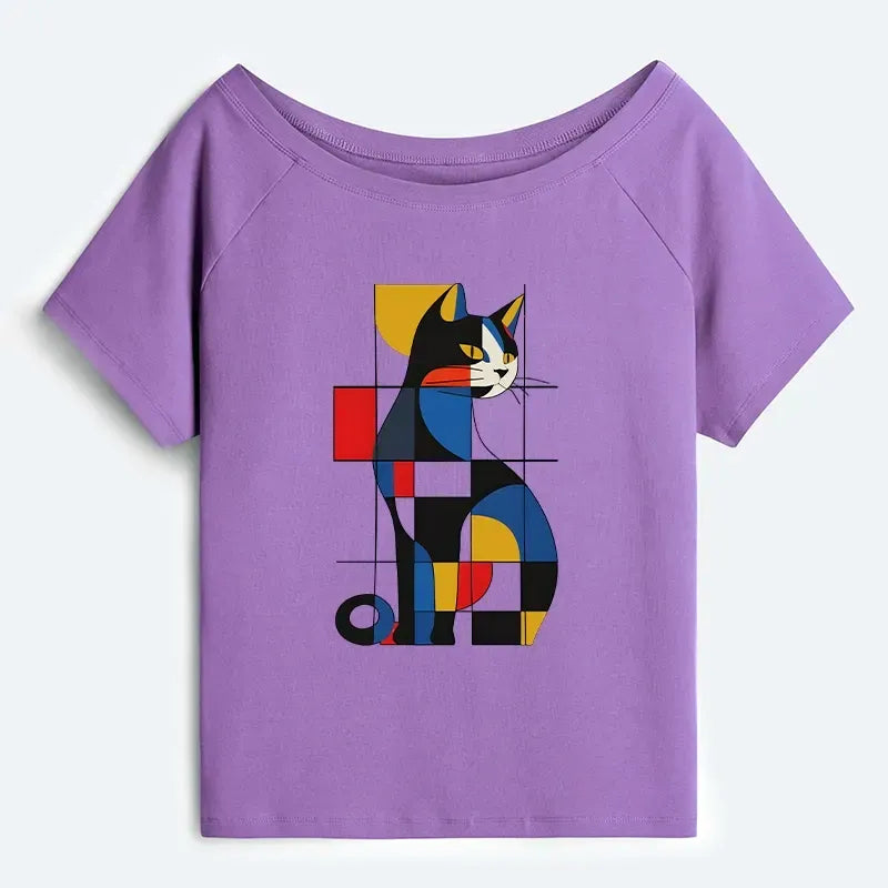 Kyoto-Lion Mondrian Cat Off Shoulder T-Shirt