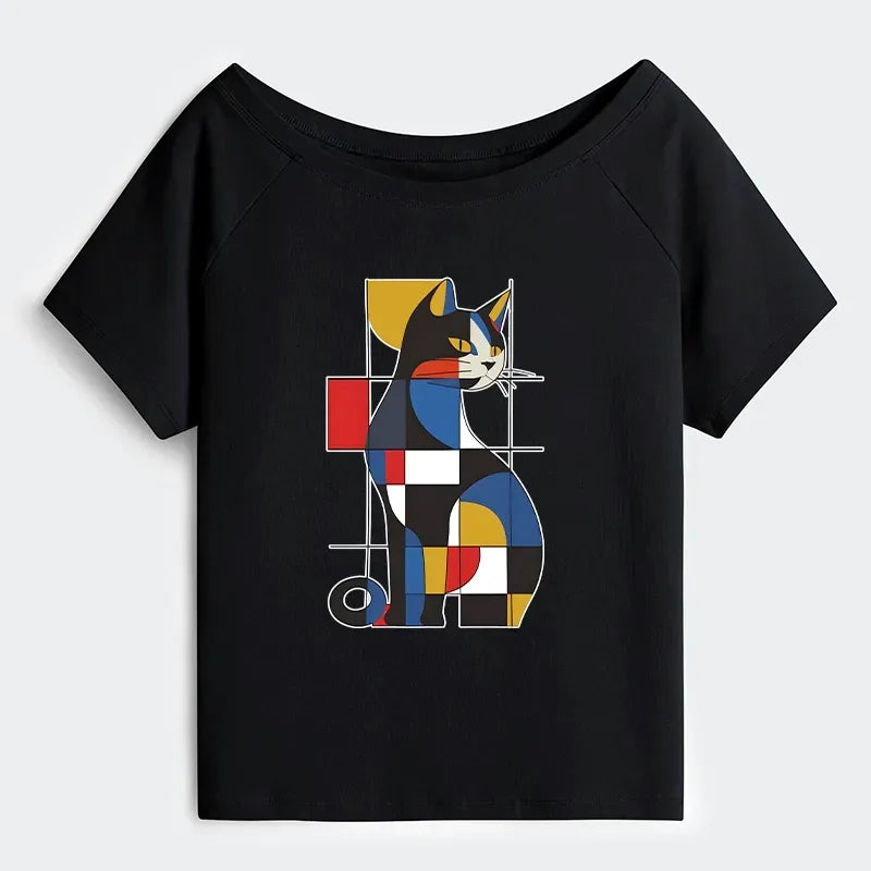 Kyoto-Lion Mondrian Cat Off Shoulder T-Shirt