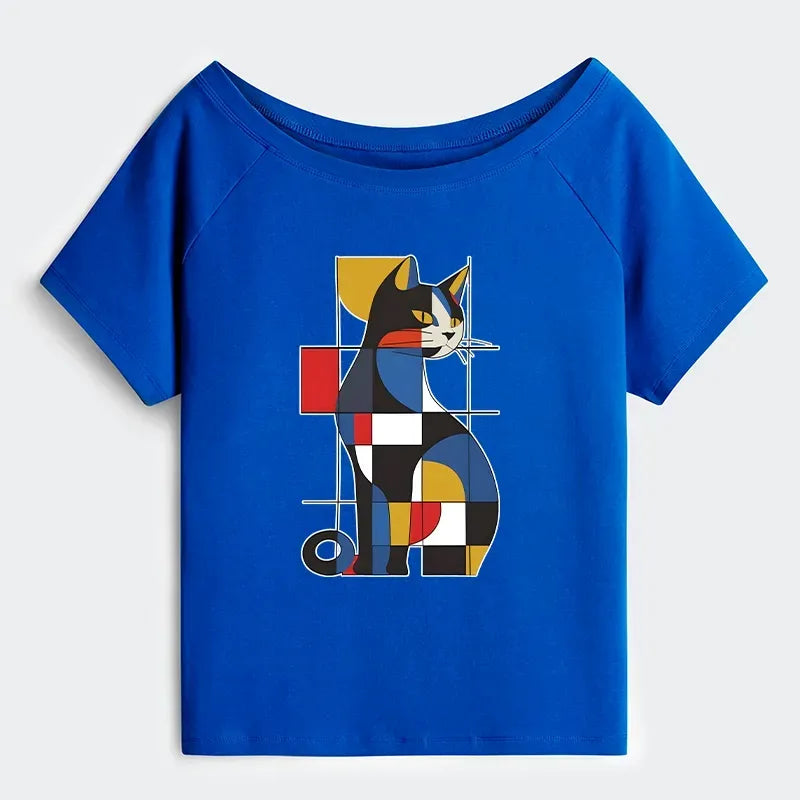 Japanese cat off shoulder t-shirt women