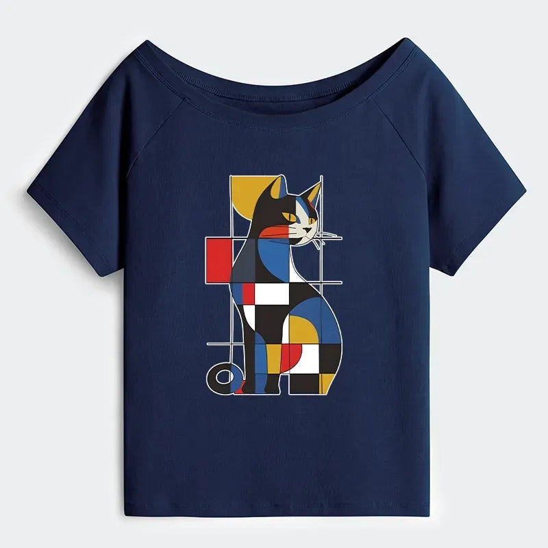 Japanese cat off shoulder t-shirt women