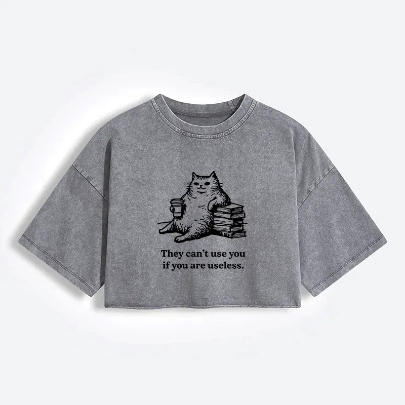 Kyoto-Lion Cat Proving Uselessness Is A Superpower Women's Washed Crop T-Shirt