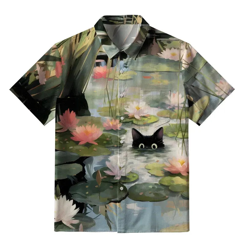 Kyoto-Lion Cats In The Lotus Pond Button-up Shirt