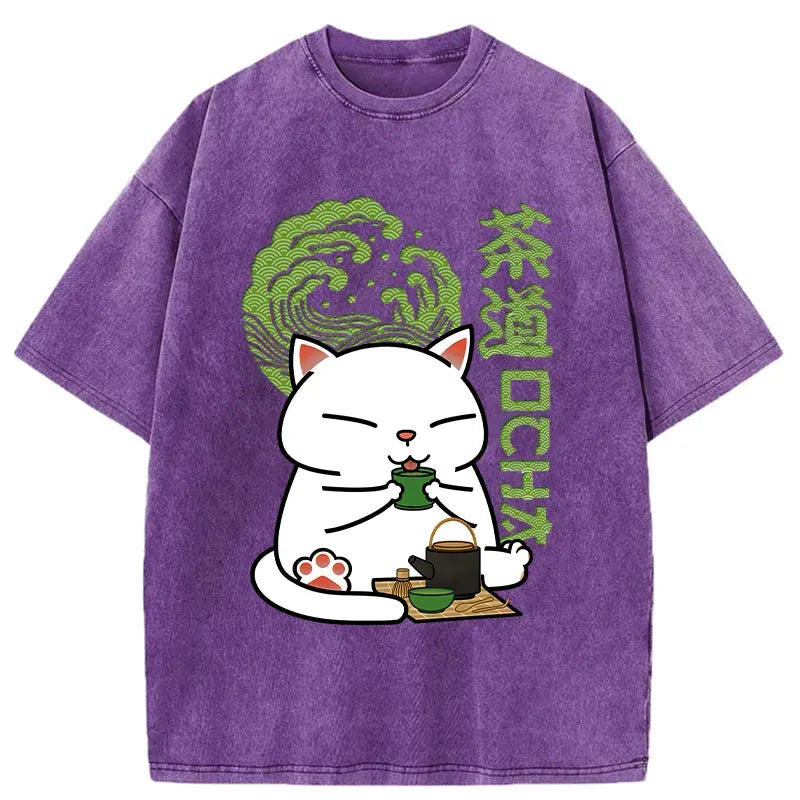 japanese cat drinking tea t-shirt