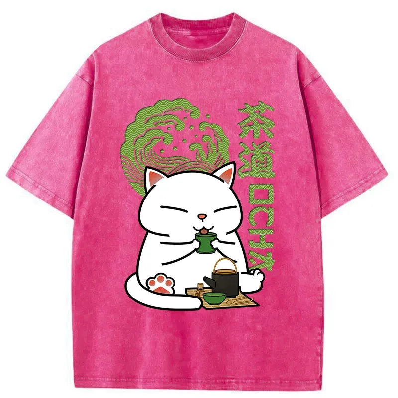 japanese cat drinking tea t-shirt