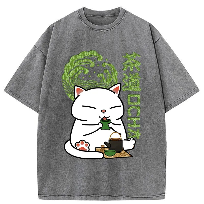 japanese cat drinking tea t-shirt