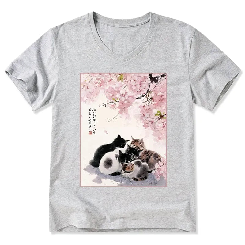 Cute Cats Sakura Garden V-Neck T-Shirt
