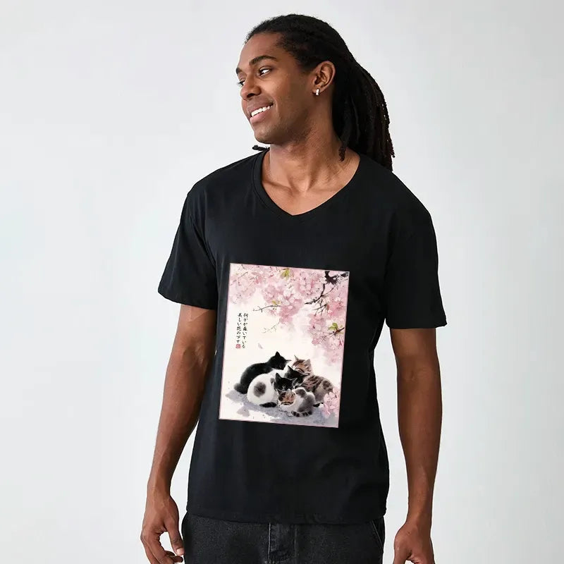 Kyoto-Lion Cute Cats Sakura Garden V-Neck Classic T-Shirt