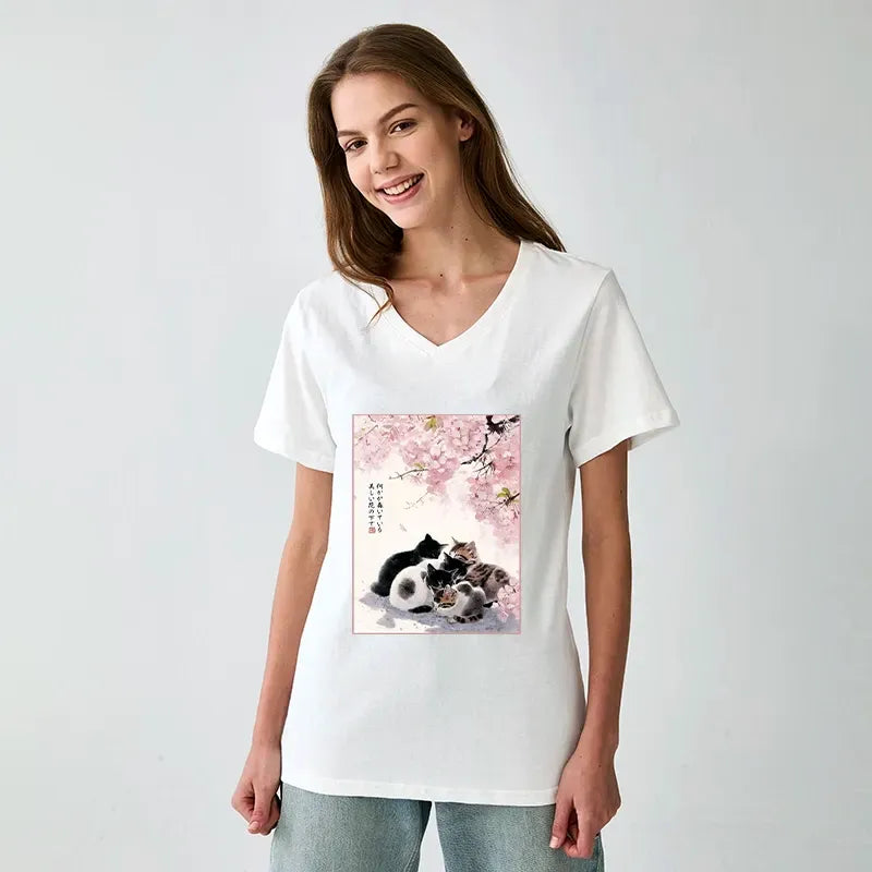 Cute Cats Sakura Garden V-Neck T-Shirt