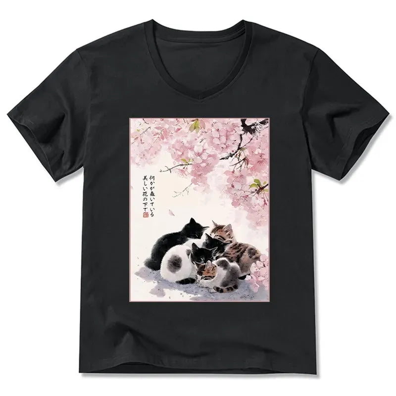 Kyoto-Lion Cute Cats Sakura Garden V-Neck Classic T-Shirt