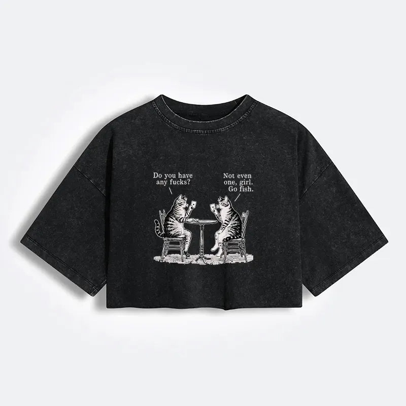Kyoto-Lion Cat Poker Night Women's Washed Crop T-Shirt