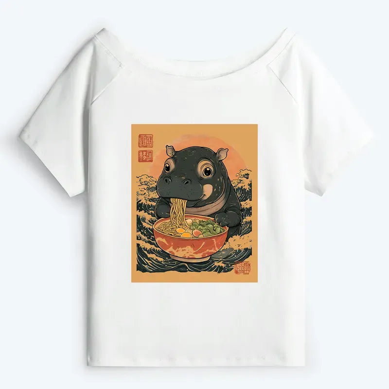 Kyoto-Lion Moo Deng Eat Ramen Off Shoulder T-Shirt