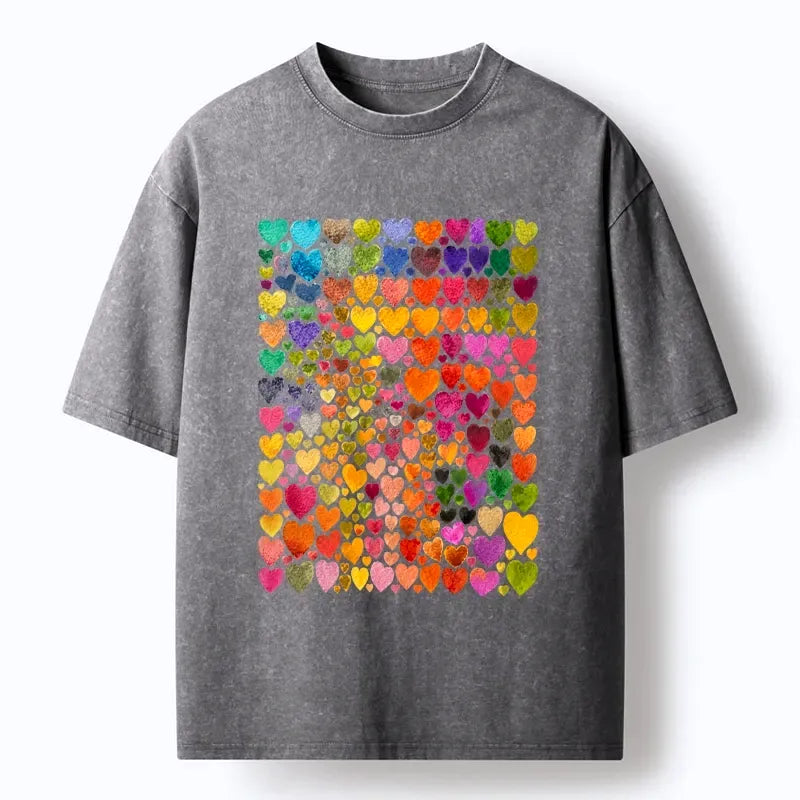 Kyoto-Lion Rainbow Hearts Fill Full Art Grid Washed T-Shirt