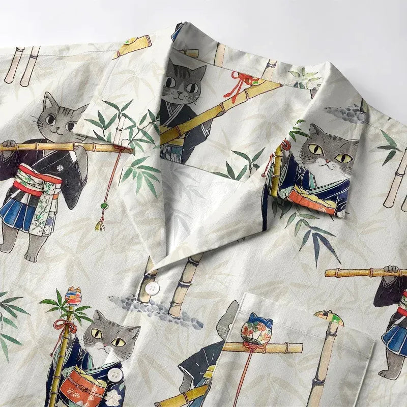 Kyoto Cat Aloha Shirt for Summer Vacation