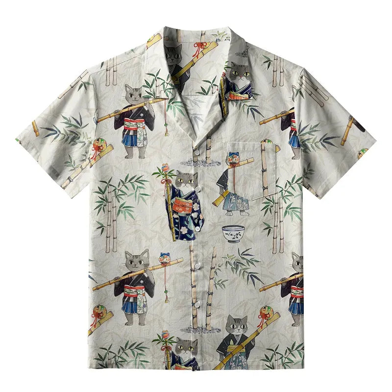 Kyoto-Lion Cat Holding A Bamboo Pole Aloha Hawaiian Shirt