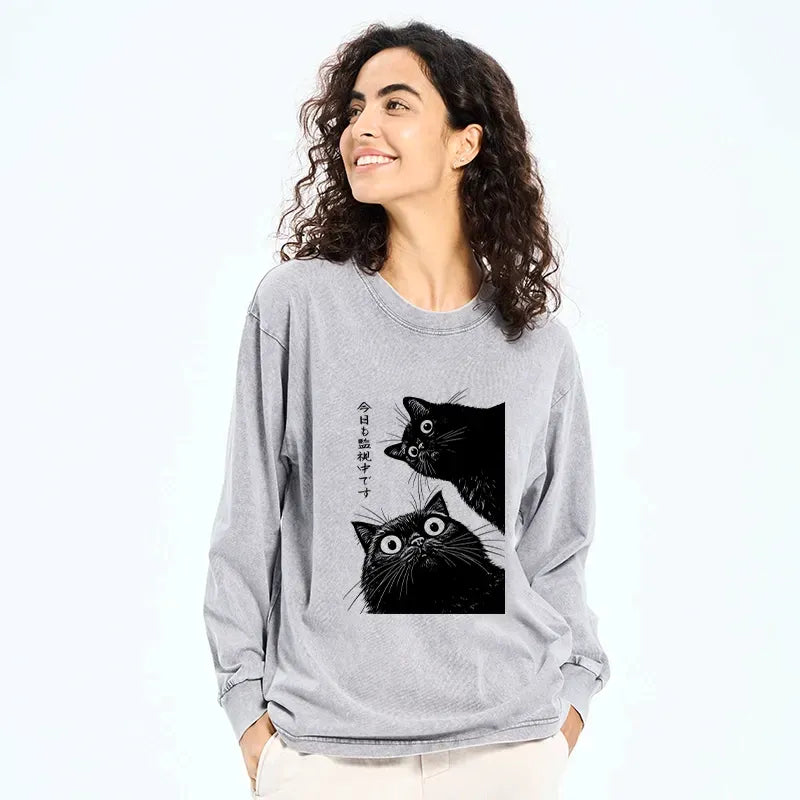 Kyoto-Lion The Cat Is Watching Today Washed Long Sleeve T-Shirt