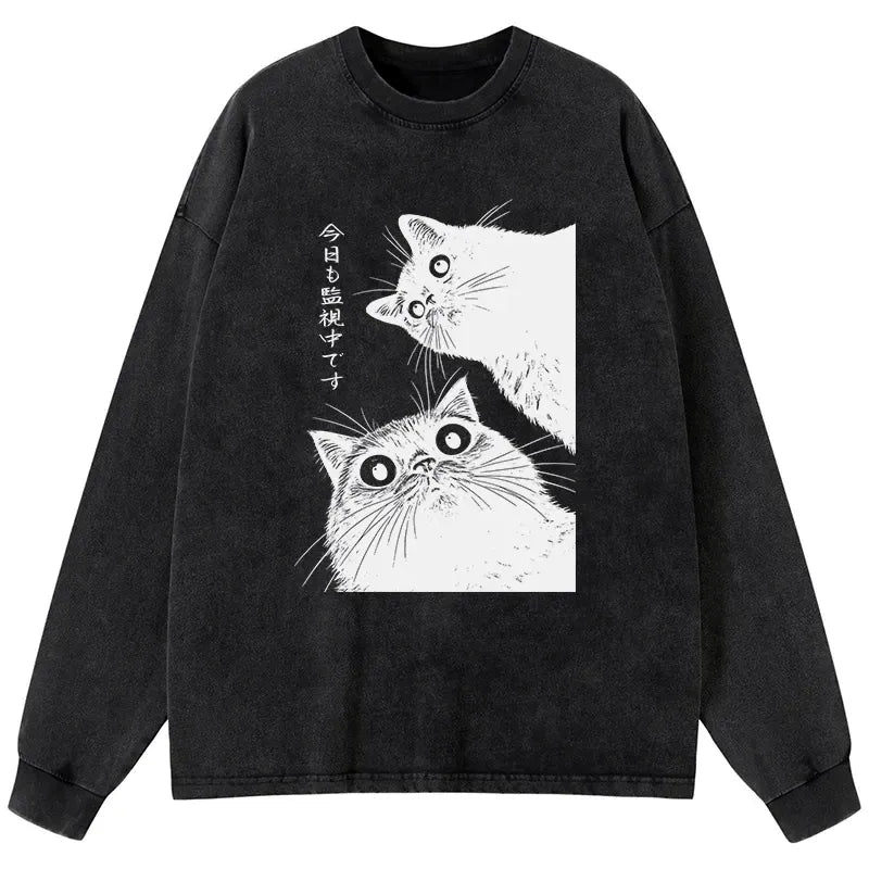 Kyoto-Lion The Cat Is Watching Today Washed Long Sleeve T-Shirt