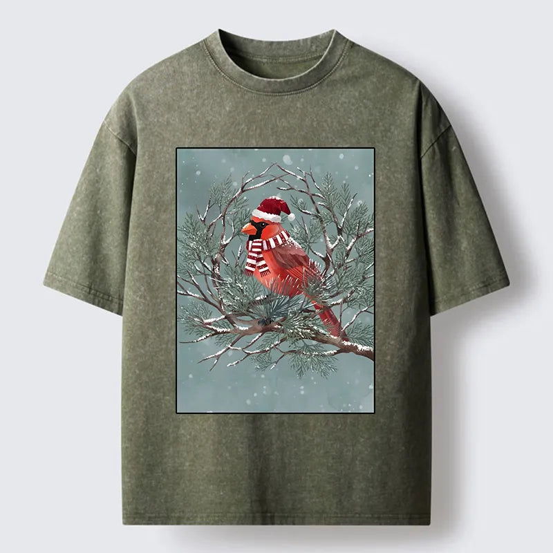 Kyoto-Lion Christmas Cardinal Bird Washed T-Shirt