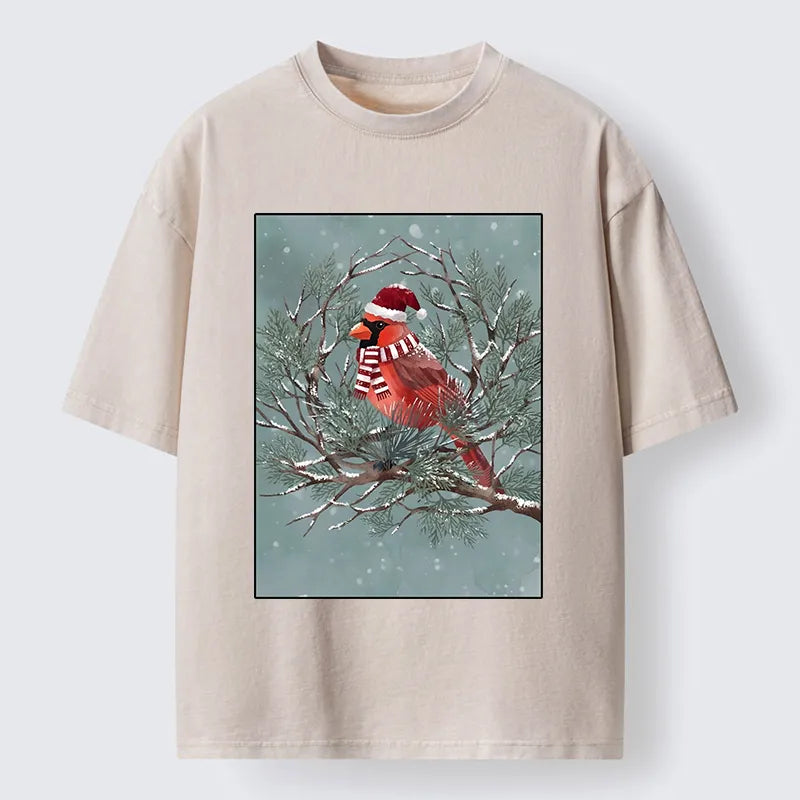 Kyoto-Lion Christmas Cardinal Bird Washed T-Shirt