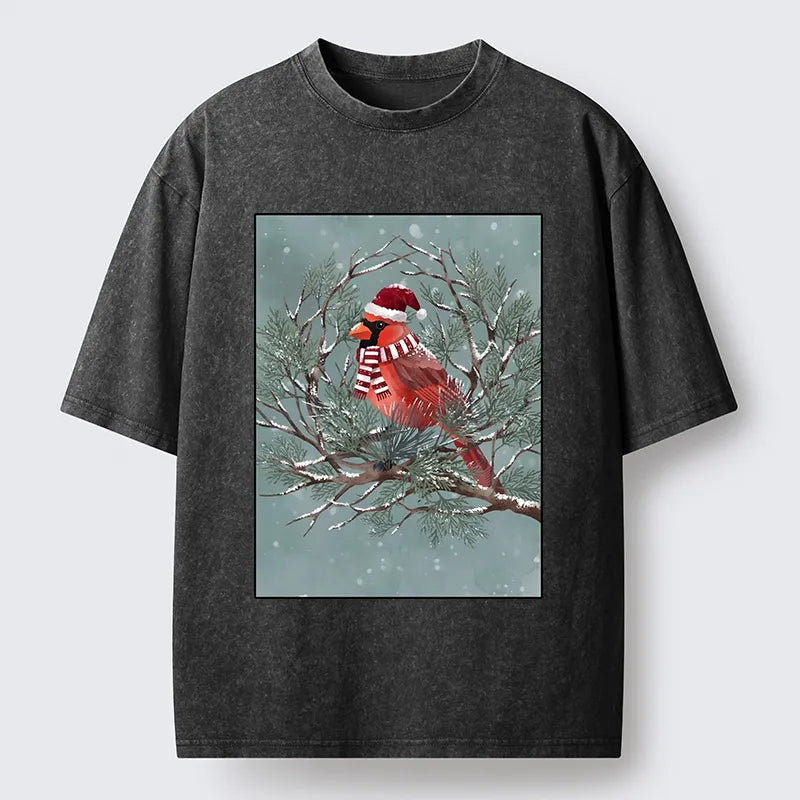 Kyoto-Lion Christmas Cardinal Bird Washed T-Shirt