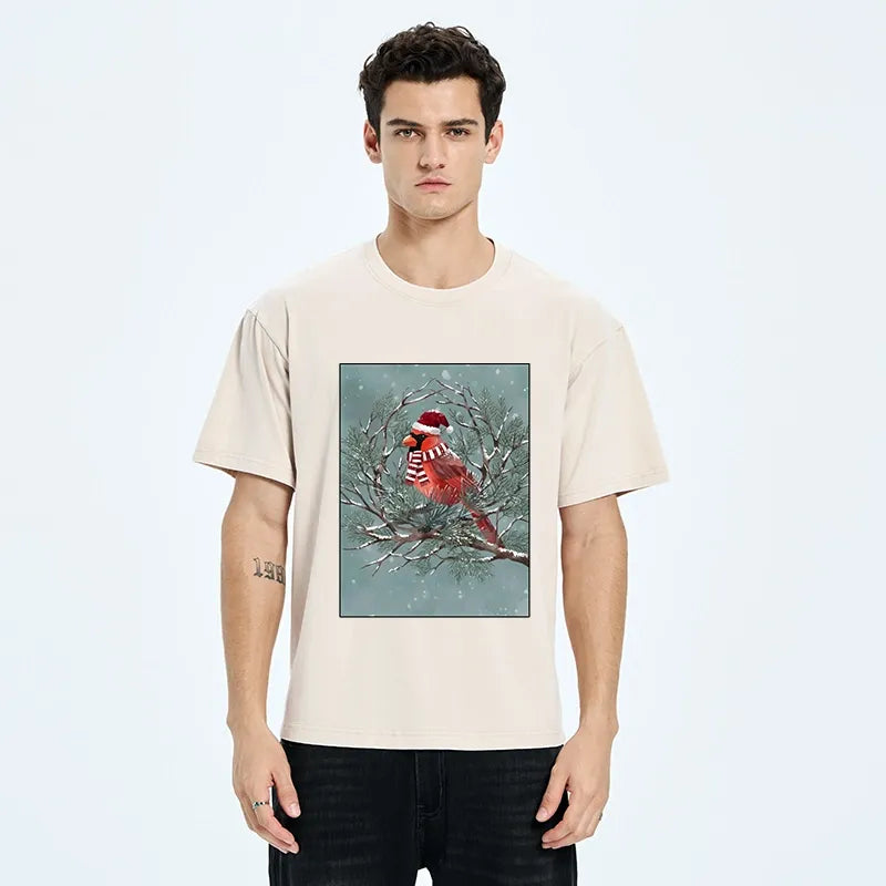 Kyoto-Lion Christmas Cardinal Bird Washed T-Shirt