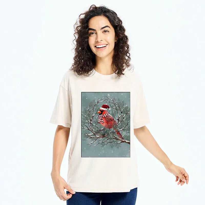 Kyoto-Lion Christmas Cardinal Bird Washed T-Shirt