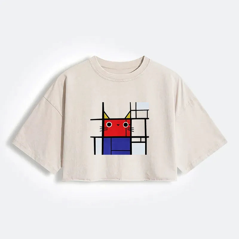Kyoto-Lion Abstract Art Cat Women's Washed Crop T-Shirt