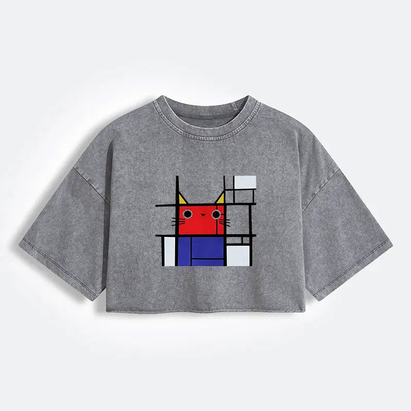 Kyoto-Lion Abstract Art Cat Women's Washed Crop T-Shirt